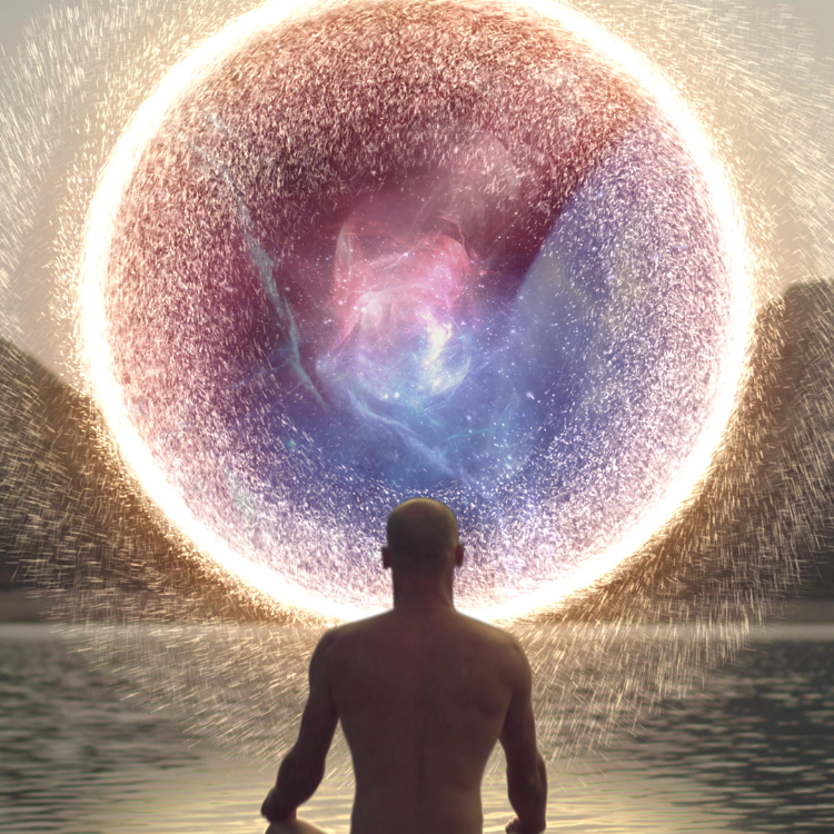 Energetic Sphere Field Above a Man Meditating in Front of a Lake Side View