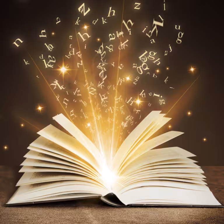 An open Book with Light Sparkles and Letters Coming Out of It