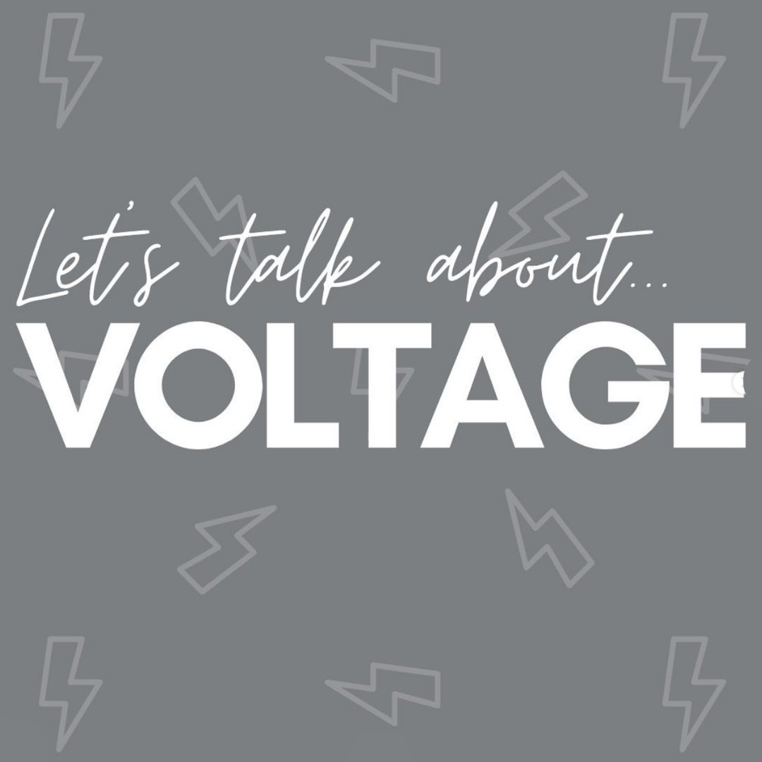 Let's Talk About Voltage Text on a Grey Background with Multiple Light Grey Bolt Outlines