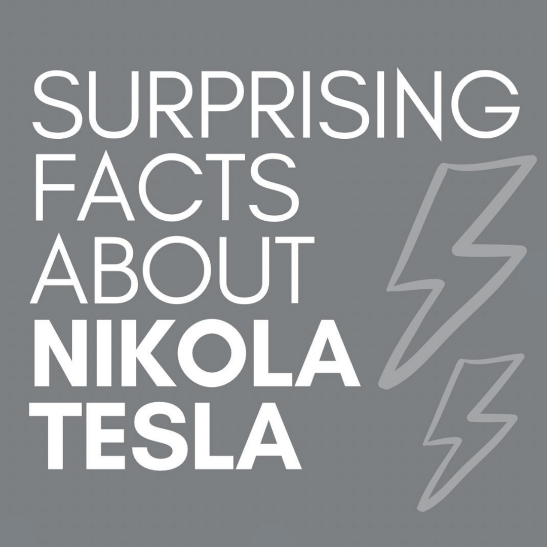 Surprising Facts About Nikola Tesla Text on a Grey Background With Two Light Grey Bolt Outlines