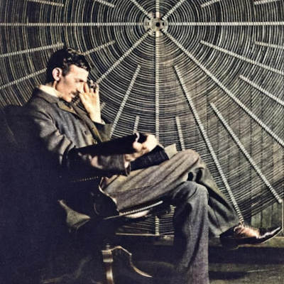 Nikola Tesla Sitting in a Chair and Reading a Book