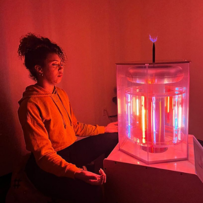 Woman Meditating Next to the Working BioCharger Device