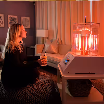 Woman Sitting Next to the Working BioCharger Device Looking at Arc Rode