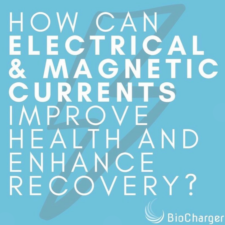 Enhance Recovery With Electrical and Magnetic Currents Text on a Blue Background With Grey Bolt Outline