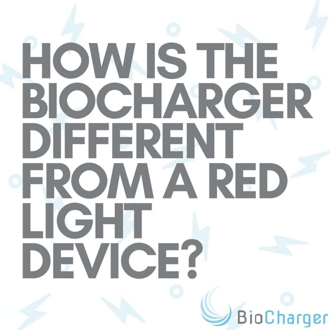 How is the BioCharger Different from a Red Light Device Text on a White Background With Blue Bolt Icons