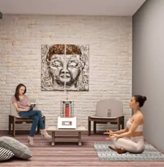 Two Ladies Sitting in a Room with Picture on a Wall and Pillows on the Floor Around the Activated BioCharger Device