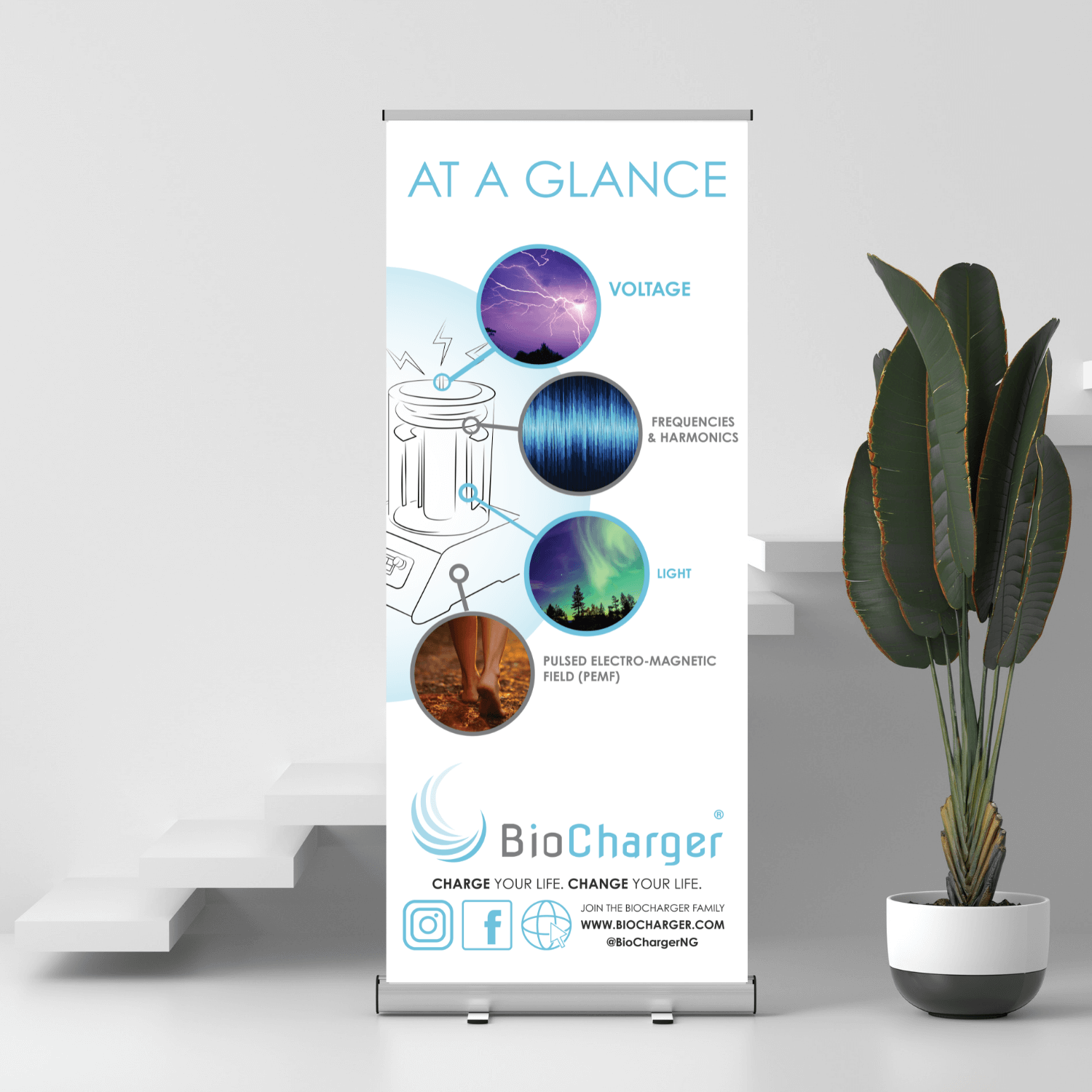 BioCharger Banner In Front of White Modern Staircase Next to the Green Plant