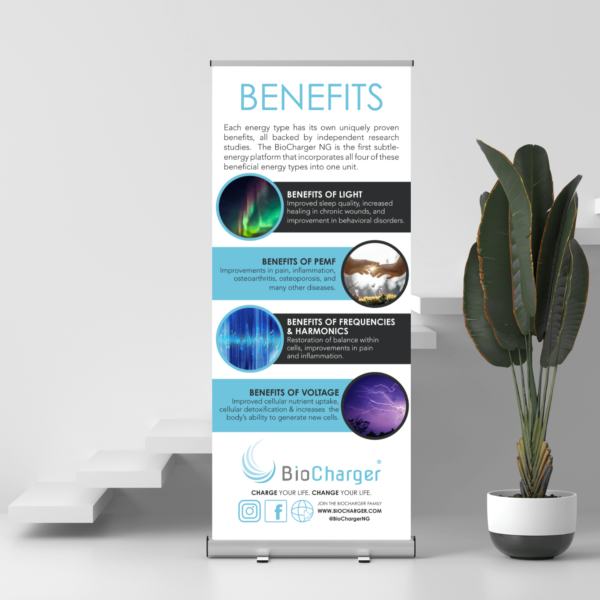 BioCharger Benefits Banner In Front of White Modern Staircase Next to the Green Plant