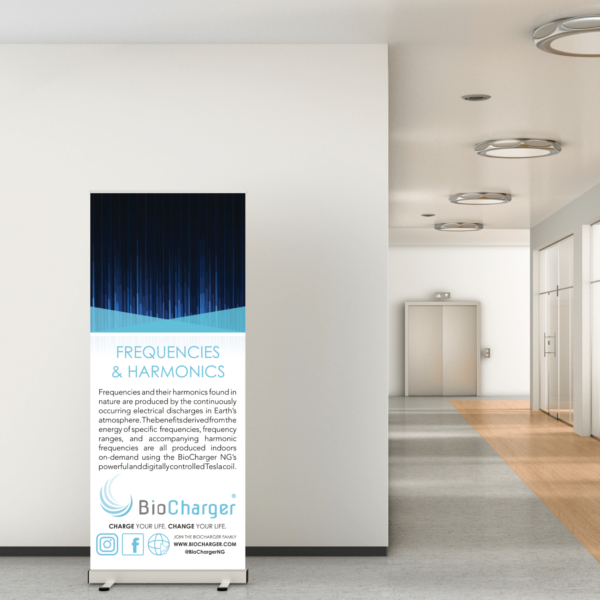 BioCharger Frequencies and Harmonics Banner In Front of White Wall in Modern Office Hallway