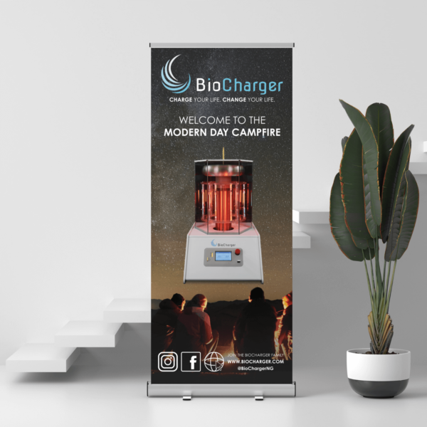 BioCharger Modern Day Campfire Banner In Front of White Modern Staircase Next to the Green Plant