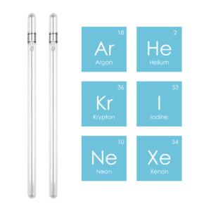 Two BioCharger Tubes on a White Background Next to the Six Periodic Elements on Blue Squares