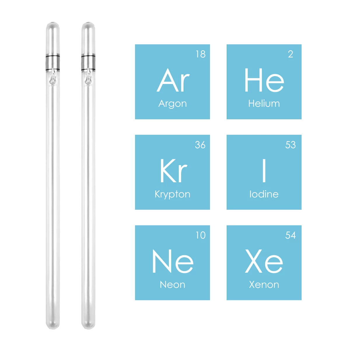 Two BioCharger Tubes on a White Background Next to the Six Periodic Elements on Blue Squares
