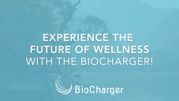 Expirience the Future of Wellness with the BioCharger Text on a Blue Background with a Tree