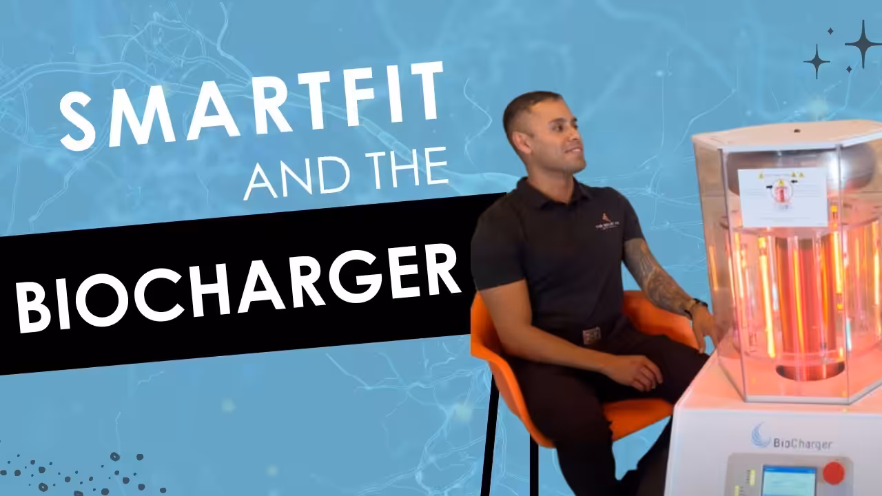 SmartFit and the BioCharger Text on a Blue Nature Background