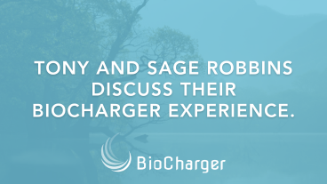 Tony and Sage Robbins Discuss Their BioCharger Experience Text on a Blue Background with a Tree