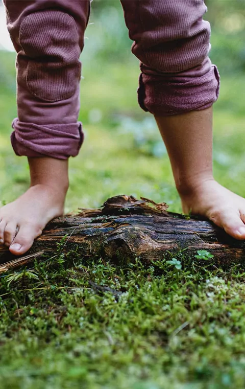 A Barefooted Child in a Purple Leggings Standing on a Log in the Grass