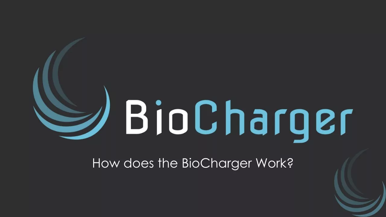 Bio Charger Logo with How Does the BioCharger Work Text on a Dark Grey Background