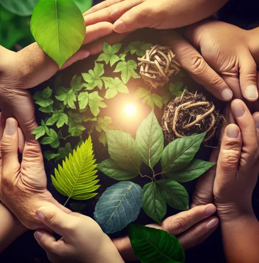 Multiple Hands Holding Different Green Plants with Light Source in the Middle