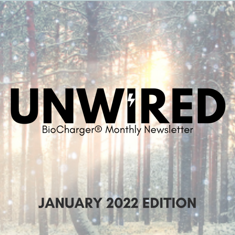 Unwired BioCharger Monthly Newsletter Logo January 2022 Edition With Forest in the Background