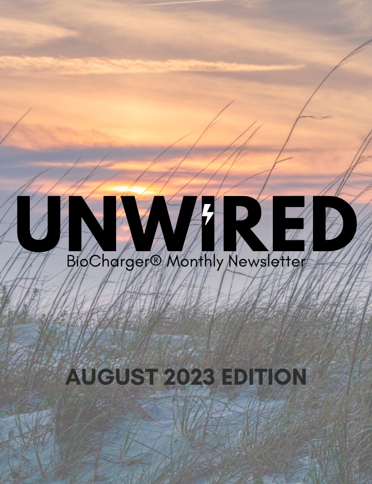 BioCharger Unwired August 2023 Edition in Black Letters With A Beautiful Sunset in The Background