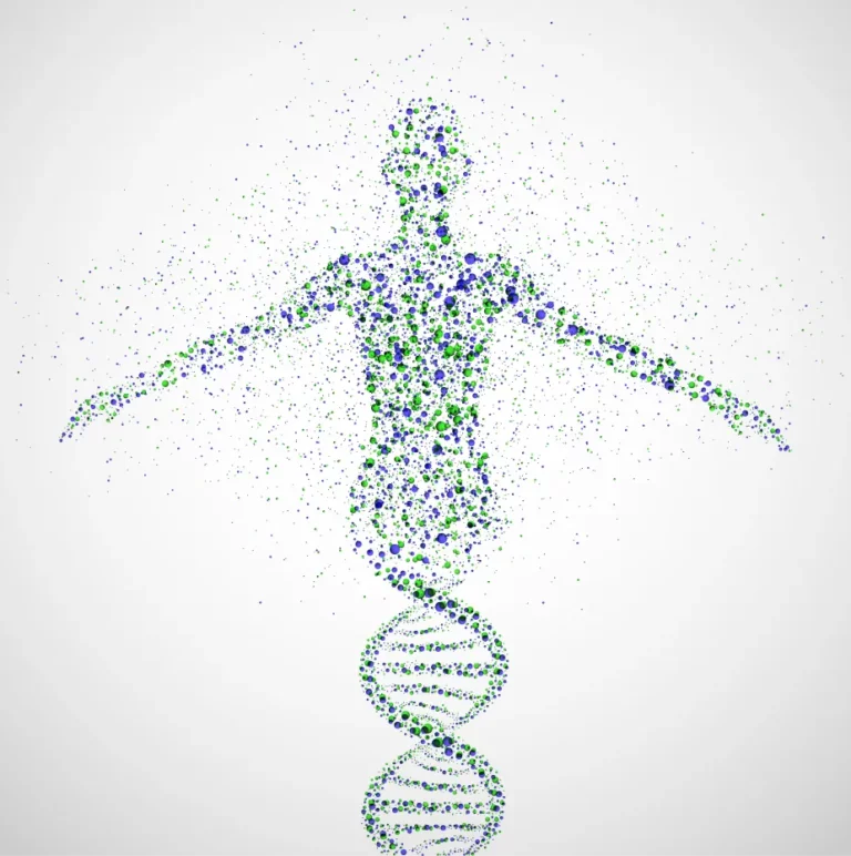 A Purple-Green Figure of a Human Being Created From DNA Spiral