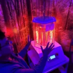 Person in black glasses sitting with their hands up near a glowing vertical health optimization device with a forest backdrop
