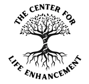 Logo of the center for life enhancement featuring a stylized tree with roots and branches intertwining to form a dna double helix, symbolizing growth and the interconnection of life and science.