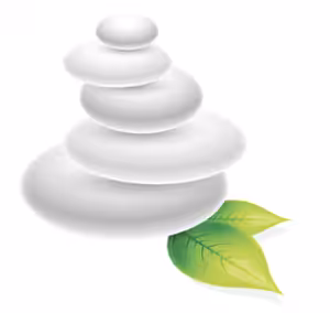 a series of five white stones upon one another with two green leaves