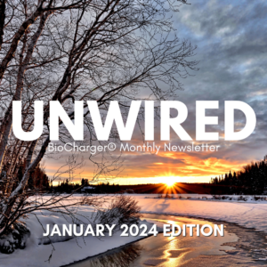 Unwired BioCharger Monthly Newsletter January 2024 Edition in White Letters with a sunset winter scenery