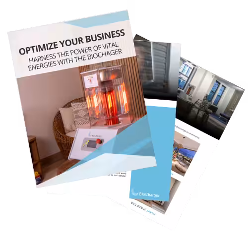 A collection of marketing brochures highlighting a business optimization service with a focus on harnessing vital energies using a product called BioCharger.