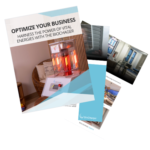 A collection of marketing brochures highlighting a business optimization service with a focus on harnessing vital energies using a product called BioCharger.