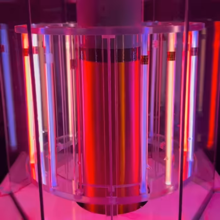 A cylindrical device illuminated by neon pink, orange, and purple lights, creating a glowing ambiance.
