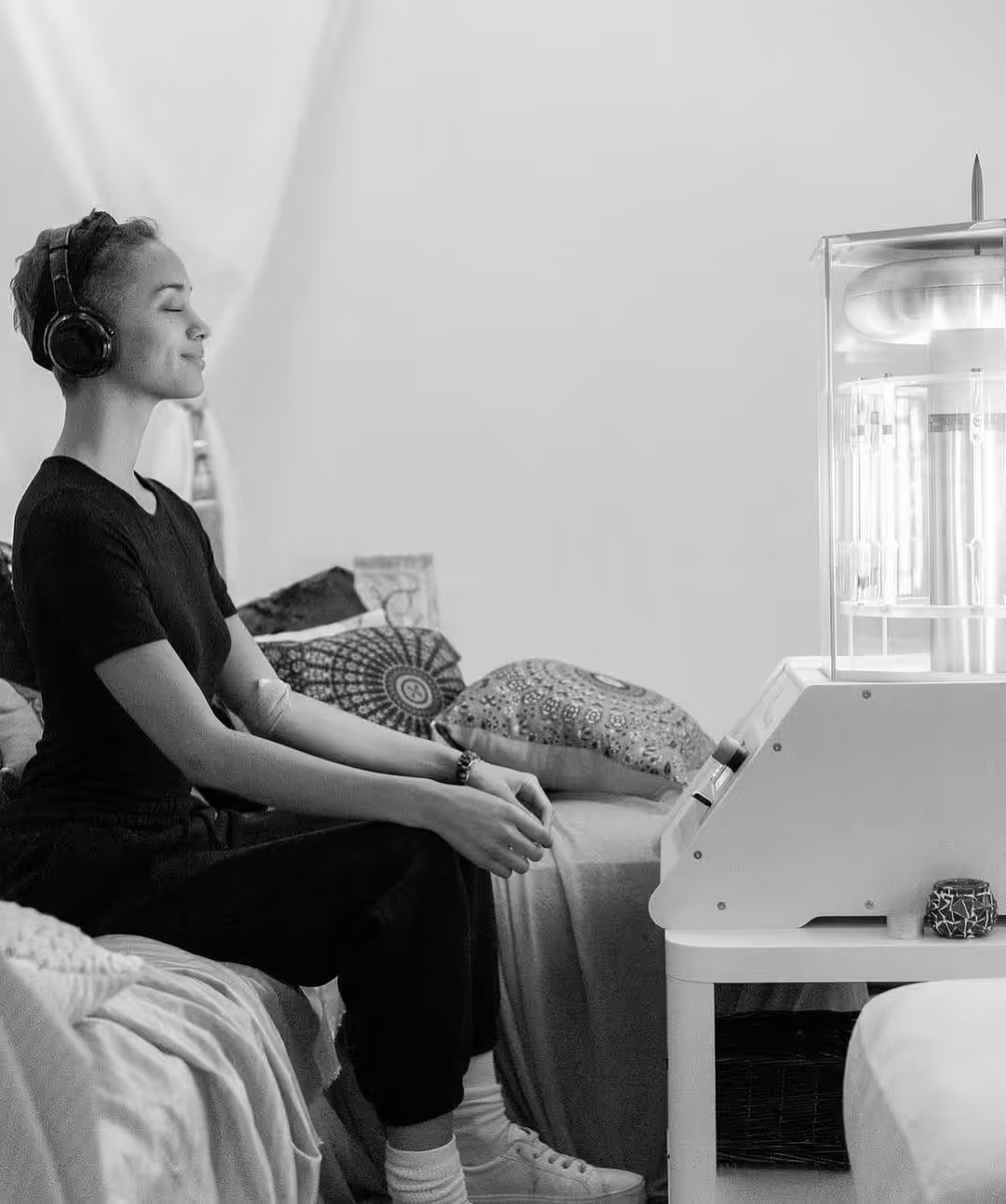 Woman listening to music next t o a bio charger.