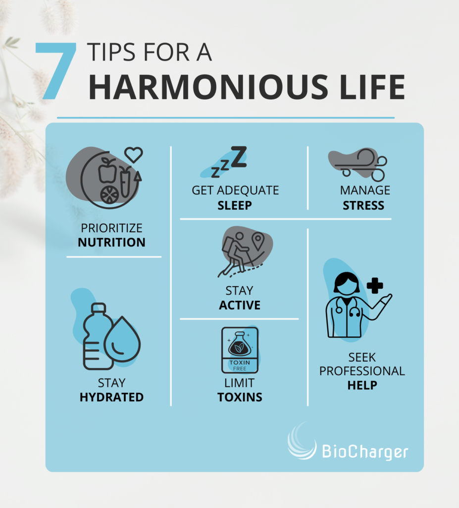 An infographic titled "7 tips for a harmonious life," featuring seven icons representing the following advice: prioritize nutrition, get adequate sleep, manage stress, stay hydrated, stay active, limit toxins, and.