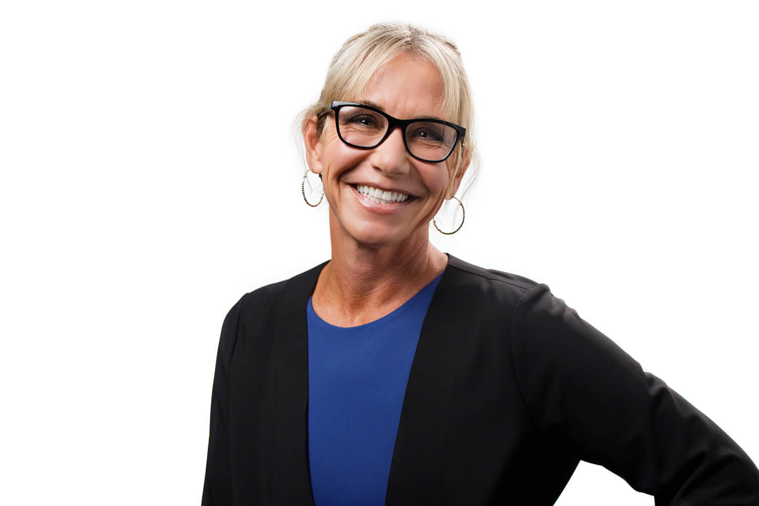 Smile blonde woman with black glasses